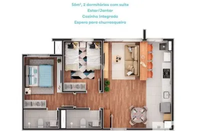 Apartamento de 2 dormitórios, suíte e espera para churrasqueira ou lareira.