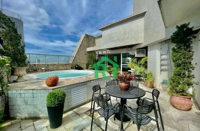 Cobertura duplex, com vista ao mar, na praia, confortável, 3 suítes, 1 vaga, piscina, churrasqueira, astúrias, guarujá.