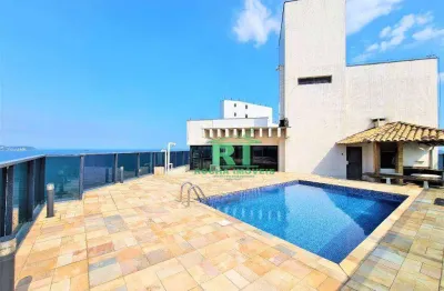 Cobertura frente mar, vista panorâmica, 3 suítes, 4 vagas, praia das astúrias, guarujá-sp.