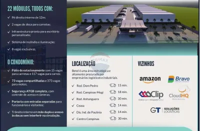 Condominio com galpões industriais  com 22 unidades de galpões sendo 04 (quatro) deles com 939,47m² e outros 18 (dezoito) com 926,00m²