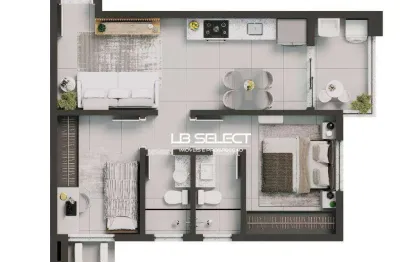 Apartamento com dois quartos, uma suíte, banheiro social e varanda.