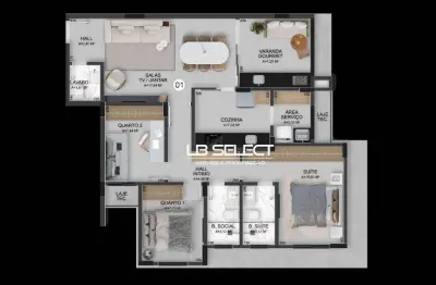 Apartamento com três quartos, uma suite, sala em dois ambientes, varanda gourmet e duas vagas de garagem.