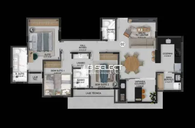 Apartamento com dois quartos, duas suites, sala em dois ambientes e varanda gourmet.