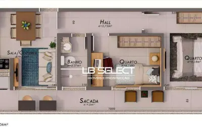 Apartamento no bairro umuarama com dois quartos, sala com sacada e uma vaga de garagem.