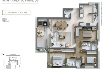 Apartamento de 03 dormitórios com 02 vagas de garagem cobertas