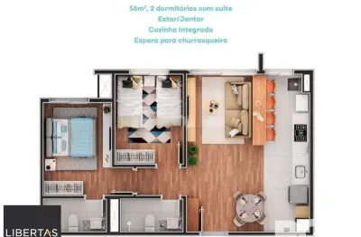Apartamento de 2 dormitórios, suíte e espera para churrasqueira ou lareira.