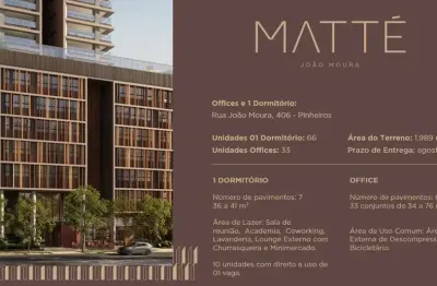 LANÇAMENTO MATTÉ JOÃO MOURA - R$ 1.000.000 - Studio à venda, 1 Quarto, 1 Vaga, 40m², Pinheiros, São
