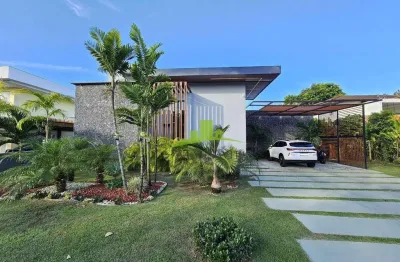 Casa moderna térrea à venda no condomínio vida marina, busca vida, camaçari | 3 suítes no térreo | piscina com cascata e área gourmet