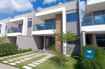 Casa duplex nova em condomínio de alto padrão com e 04 suítes, amplo lote, próximo ao colégio ágape e ce040 em eusébio, master com closet e varanda, 131m2, 02 vagas