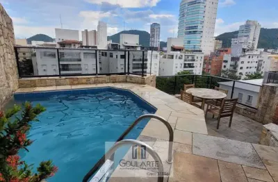 Apartamento cobertura duplex, terraço vista lateral do mar, 2 dormitórios sendo 1 suíte, piscina e churrasqueira, lazer completo no condomínio, lado praia na enseada-guarujá/sp.