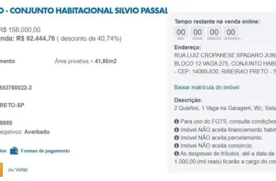 Apartamento para venda em ribeirão preto, conjunto habitacional sílvio passalacqua, 2 dormitórios, 1 banheiro, 1 vaga