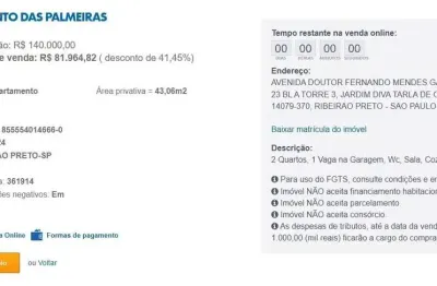 Apartamento para venda em ribeirão preto, jardim diva tarlá de carvalho, 2 dormitórios, 1 banheiro, 1 vaga