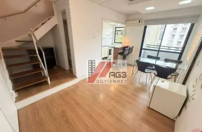 Apartamento duplex mobiliado com 1 suíte, varanda, ar-condicionado, vaga coberta e lazer em Pinheiros