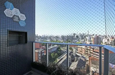 Apartamento 1 dormitório, living com sacada, churrasqueira e uma vaga de garagem.