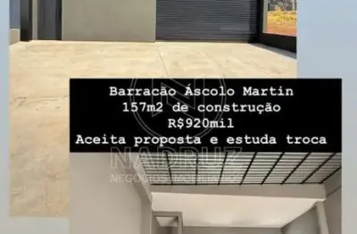 Barracão comercial à venda em ascolo martin-sp: 3 salas, 3 banheiros, 4 vagas de garagem, 157 m² de área.