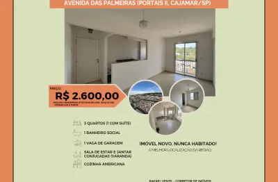 Apartamento para locação,  3 dorms, 1 suíte, sacada, 56m², 1 vaga, andar alto, portais, cajamar/sp
