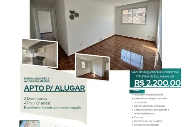 Apto para aluguel em cajamar, 2 dorms, av das palmeiras r$ 2.200,00, 8° andar, 1 vaga e 47m²