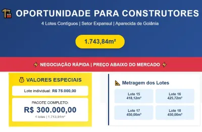 Oportunidade exclusiva para construtores  setor expansul | aparecida de goiânia