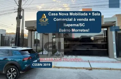 Linda casa nova mobiliada + sala comercial à venda na cidade de itapema/sc, bairro morretes! terreno com 405m² e 2 suítes. ampla área externa com chur