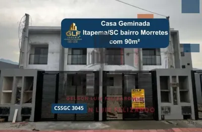 Casa geminada em itapema bairro morretes, com 90m² sendo 3 dormitórios e 1 suíte, vaga para até 2 carros, com quintal nos fundos