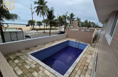 Prédio frente mar, apto lateral, 2 dorm, 1 banheiro, 1 vaga,  piscina.
