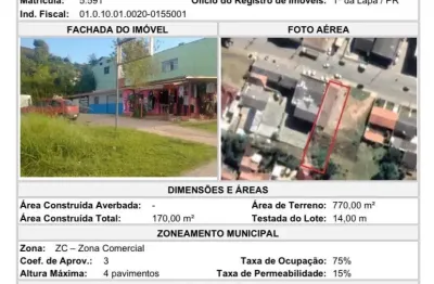 Terreno Central 770 m2 (14x55) - Contenda /PR - Próximo Prefeitura, em avenida importante da cidade, com bancos, mercados, posto de saúde e comércios diversos.