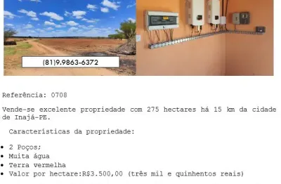 Vende-se excelente propriedade com 275 hectares a 15 km de inajá-pe.