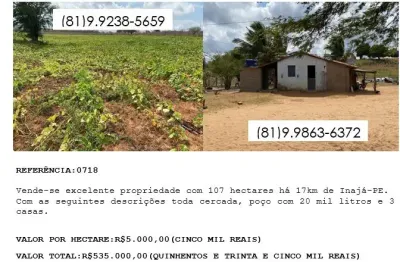 Excelente propriedade com 107 hectares localizada a 17 km de inajá-pe.