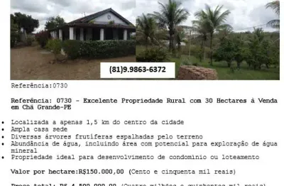Vende-se excelente propriedade rural com 30 hectares em chã grande-pe