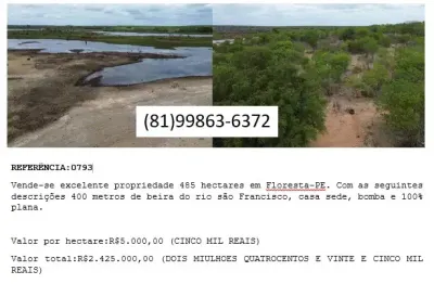 Vende-se excelente propriedade 485 hectares em floresta-pe