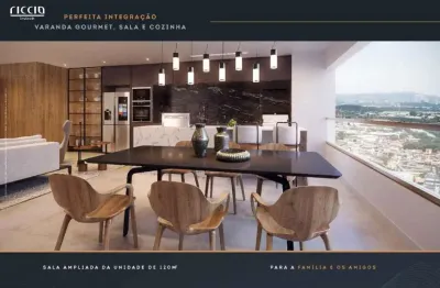 Apartamento com120m², 3 dormitórios, sendo 3 suítes, varanda gourmet integrada com sala e cozinha, lavabo, e 2 vagas de garagem.