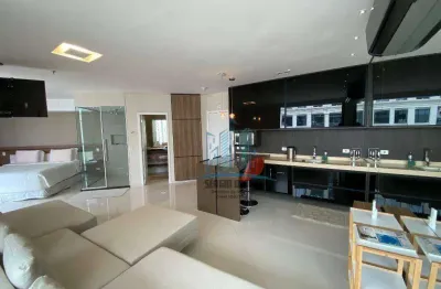 Locação mobiliada, Vila Olímpia, SP. Apartamento conceito aberto com ampla varanda, vista livre. Prédio com academia completa, piscina com raia, sauna