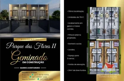 Sobrados geminados c/02 quartos + 02 vagas de garagem + espaco aos fundos no bairro aventureiro!