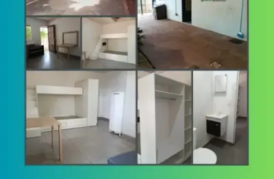 Kitinet tipo estudio,  com cama de casal, cama de solteiro e guarda roupa (peça unica), mesa de  cozinha, balcão banheiro, vaga para estacionamento, etc