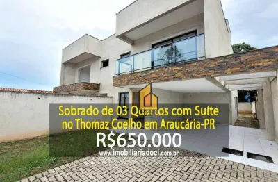 Sobrado com 03 quartos com suíte no thomaz coelho em araucária-pr  - a venda por r$ 650.000,00