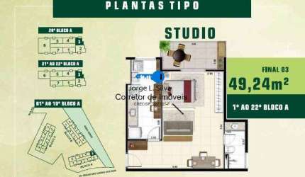 Studios de 49,24m2 e 57,59m2  1 vaga  venda e Locação com opção de compra!