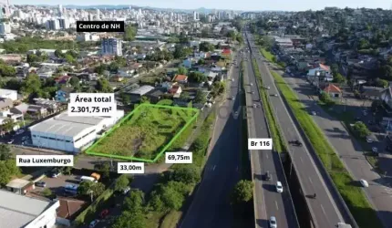 Lote plano com 2.301,75m² no bairro Rincão, com frente 69,75m para BR 116, Novo Hamburgo