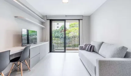 Aluga estúdio alto padrão, mobiliado, 33m², ao lado da FAAP, prédio com lazer, R$4.500