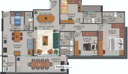 ibeda - Residencial Torre Lisboa 143m2 Sala ampla, 3 suítes, gourmet, fitness 3v