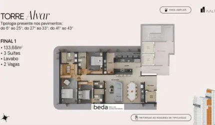 ibeda - Aalto apartamento Tirol Sala gourmet, cozinha, 3 suite, lavabo 3v 133m2