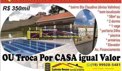 Apartamento Venda em Vinhedo 2 dorms, 1 vaga, 58m²AU - R$ 350.000,00  VENDE  u TROCA Casa Mesmo Valor, Estuda Parcelas