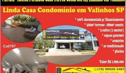 Casa Condomínio Venda em Valinhos SP, 3 suites, armários, piscina - R$ 1.890.000  Ac. Permuta casa térrea até R$ 1milhão