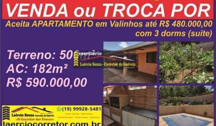 Casa Venda Em Morungaba SP,  Parque Das Estâncias, Ter.: 500,56m² E 182,37m² Constr - R$ 590.000,00 Aceita na Permuta Apto 3 dorms em Valinhos