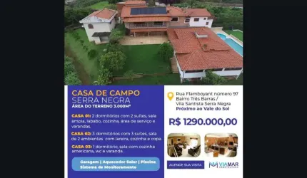 Chácara de luxo à venda em Serra Negra-SP, Vila Santista: 6 quartos, 5 suítes, 3 salas, 7 banheiros, 3 vagas, 500m².