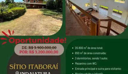 Chácara de Luxo à Venda em Indaiatuba-SP, Bairro Chácara Viracopos: 3 Quartos, 1 Suíte, 3 Salas, 3 Banheiros, 5 vagas, 650m²Área.