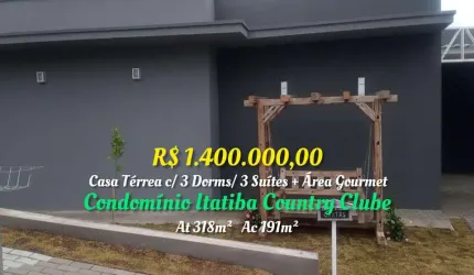 CASA TÉRREA C/ 310M² /3 DORMS / 3 SUÍTES +ÁREA GOURMET E PISCINA-COND. COUNTRY CLUBE - ITATIBA/SP