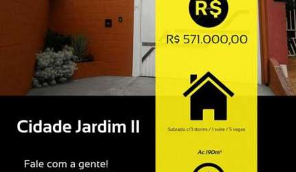 Sobrado de 190 m² c/ 3 dorms /1 suíte/ 5 vagas  Loc. Parque Cidade Jardim II,Jundiaí-SP