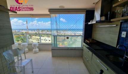 Apartamento  com varanda gourmet mobiliado  e decorado em frente ao mar  com 96m2 para venda com 2,4, reversível para 3/4