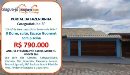 Casa à venda em Caraguatatuba-SP no Portal da Fazendinha com 208m² de área construída num Terreno de 368m².