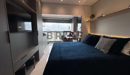 Lindo studio para locação mobiliado no Brooklin, churrasqueira elétrica na varanda e vaga de moto